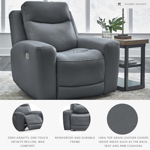 Signature Design by Ashley Mindanao Contemporary Leather Match Upholstered Power Recliner with Adjustable Headrest, Gray Signature Design by Ashley