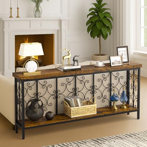 ikkle 70.9" Extra Long Console Table, Industrial Narrow Sofa Table Behind Couch with 2 Tier Storage Shelf, Entryway Hallway Accent Table for Living Room, Foyer, Rustic Brown ikkle