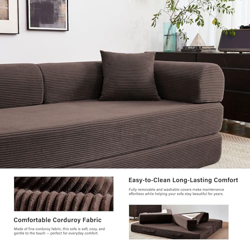 Reiboco 79" 5-in-1 Folding Convertible Sofa Bed, Oversized Corduroy Futon Floor Couch with Pull-Out Sleeper, Modular Boneless Loveseat for Small Spaces, Living Room, Bedroom (Brown) Reiboco