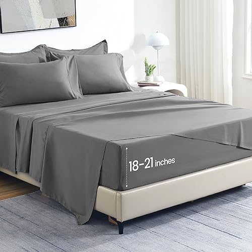 SLEEP ZONE Extra Deep Pocket Full Sheet Set 4 Piece - Super Soft Brushed Microfiber Bedding Sheets Set Fits Deep Mattress Upto 21 inches (Grey, Full) SLEEP ZONE