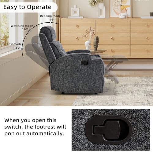 CAMMOV Manual Recliner Chair, Single Sofa Recliners with Overstuffed Back, Manual Fabric Recliner with 2 Cup Holders, Single Reclining Sofa Recliner for Living Room Theater Seating,Grey