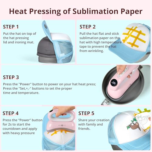 HTVRONT Hat Press Machine - Hat Press Heat Machine for Caps/Hats/Pillows Intuitive Display Screen- Flexible Temperature & Countdown Setting- Fast & Even Heat Portable Pink Heat Press HTVRONT