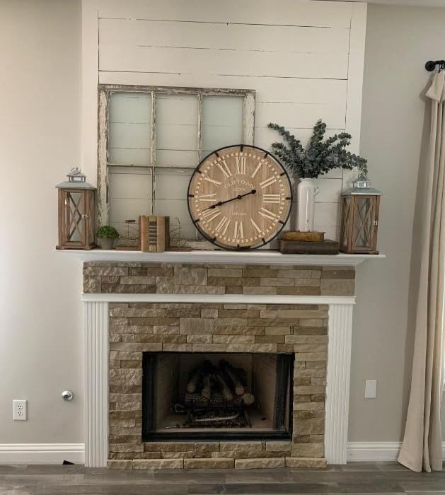 MODE HOME Large Farmhouse Wall Clock, 24 Inch Rustic Wooden Wall Clock Decorative with Metal Circle and Engraved Numerals, Silent Battery Operated for Kitchen Bedroom Living Room Fireplace Mantel MODE HOME