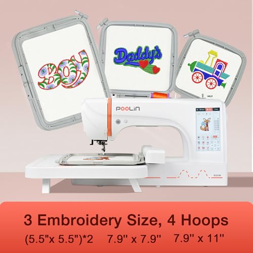 POOLIN EOC06 Embroidery Machine 7.9x11 Inch Large Hoop for Beginners,Computerized 7 Inch Touchscreen,Machine Embroidery Gifts,Includes Hoops,USB,Stabilizer,Bobbins,Home Embroidery Machine Poolin