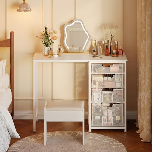 White Vanity Desk with 4 Large Drawers, 40“ Vanity Desk no Mirror, Small Makeup Vanity with Visual Large Capacity Iron Drawer with classification grid, Desks for Home Office Small Space with Storage Hcaauynk