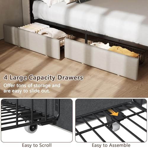 Forestell Queen Bed Frame with 4 Drawers and Storage Headboard, Upholstered Platform Bed Frame Queen Size with LED Lights and Charging Station, Metal Slats Support, No Box Spring Needed, Beige Forestell