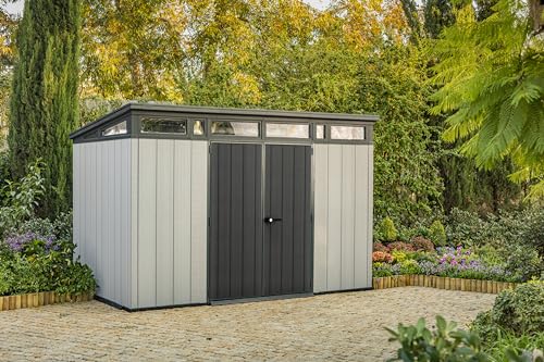 Keter Artisan 11x7 Modern Resin Outdoor Storage Shed Kit-Perfect to Store Patio Furniture, Garden Tools Bike Accessories, Beach Chairs and Lawn Mower, Grey & Black Keter
