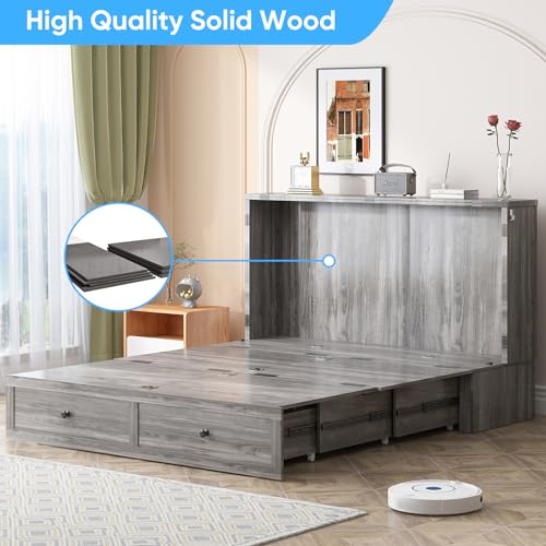 Mjkone Murphy Bed, Cabinet Murphy Bed with Tri-Fold Memory Foam Mattress, Farmhouse Wooden Cabinet Beds with USB Charging Station and 2 Storage Drawers for Bedroom/Office/Guest Room-Gray, Queen Mjkone