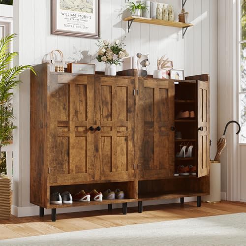 Aivermeil Farmhouse Shoe Cabinet with Doors, 6-Tier Wooden Shoe Organizer with Adjustable Shelves, Entryway Storage Cabinet, Rustic Shoe Storage for Entryway or Living Room (Rustic Brwon) Aivermeil