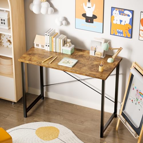 Sweetcrispy Computer Small Office Desk 32 Inch Student Kids Study Writing Work with Metal Frame Wood Tabletop Modern Simple PC Home Bedroom Table, Rustic Brown Sweetcrispy