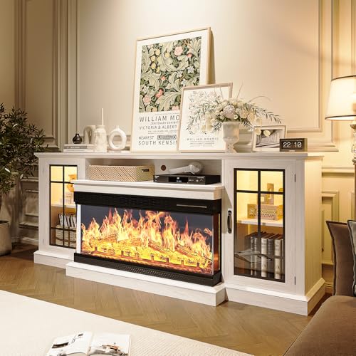 MXV 70'' Fireplace TV Stand, Farmhouse Entertainment Center with 3 Sided Glass TV Stand, Modern Media Console Table with Storage Drawers & Cabinets with LED Flame and Lights for Living Room, White MXV