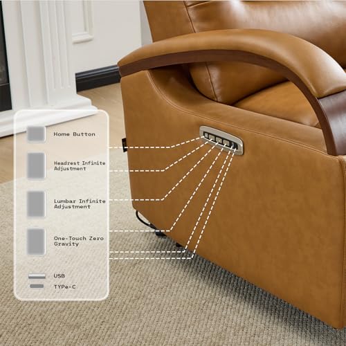 AEDI Genuine Leather Zero Gravity Power Recliner Chair with Triple-Motor System, Adjustable Headrest & Lumbar Support, USB & Type-C Charging,Camel
