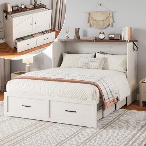 Harpaq Full Size Murphy Bed, Full Size Mobile Cabinet Bed Frame, Farmhouse Wooden Cabinet with Storage Drawer for Bedroom/Office/Guest Room, White+Barnwood Harpaq