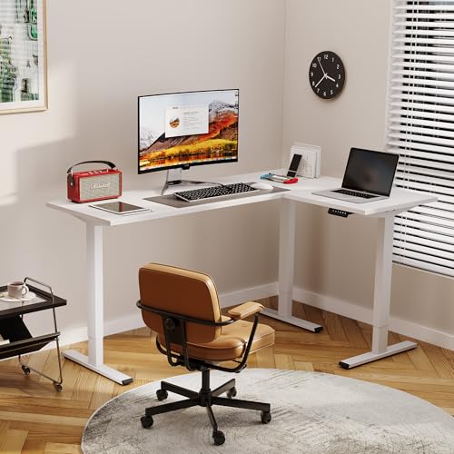 SANODESK Electric Height Adjustable 3 Leg Corner Desk Frame, up to 220lbs, Sit Stand Ergonomic L Shaped Frame Only, White SANODESK