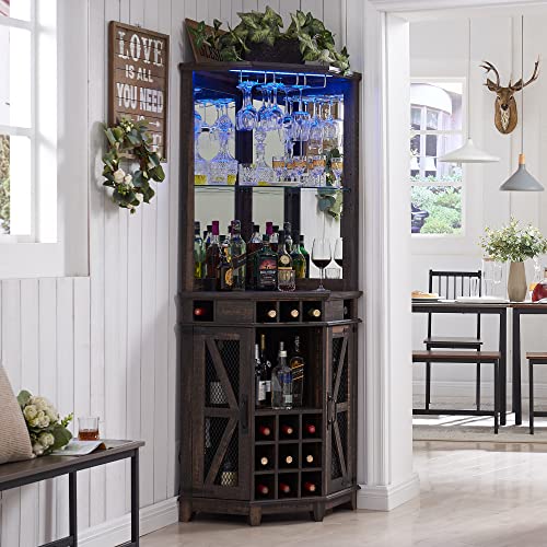 OKD Corner Bar Storage Cabinet, 72" Tall Farmhouse Wine Bar Cabinet w/Barn Door & Adjustable Shelf, Home Bar Cabinet w/LED Light & Glass Rack for Dining Room, Living Room, Kitchen, Dark Rustic Oak OKD