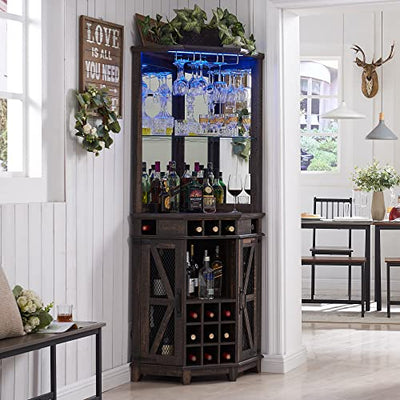 OKD Corner Bar Storage Cabinet, 72" Tall Farmhouse Wine Bar Cabinet w/Barn Door & Adjustable Shelf, Home Bar Cabinet w/LED Light & Glass Rack for Dining Room, Living Room, Kitchen, Dark Rustic Oak