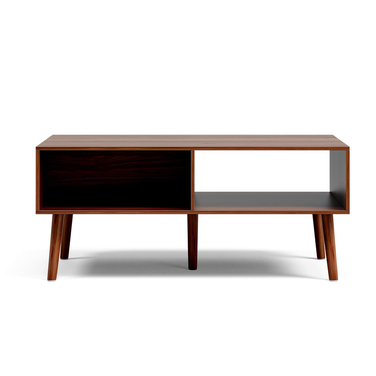 LCRBOL Coffee Table with Storage, Mid Century Dining Table with Sliding Fluted Door and Solid Wood Legs, Small Coffee Tables for Living Room, Walnut LCRBOL