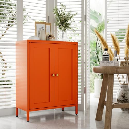 Bevivog Small Bathroom Storage Cabinet, Orange Metal Locker with 2 Doors and 2 Adjustable Shelves, Small Locker Cabinet Sideboard for Home Office, Living Room, Hallway, Entryway Bevivog