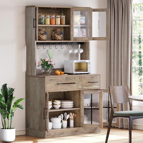 DWVO 71'' Tall Kitchen Pantry Storage Cabinet with Charge Station, Farmhouse Glass Display Food Pantry Hutch with Microwave Stand & Hooks & Drawers & Shelves for Home Living Dining Room, Lvory Grey DWVO