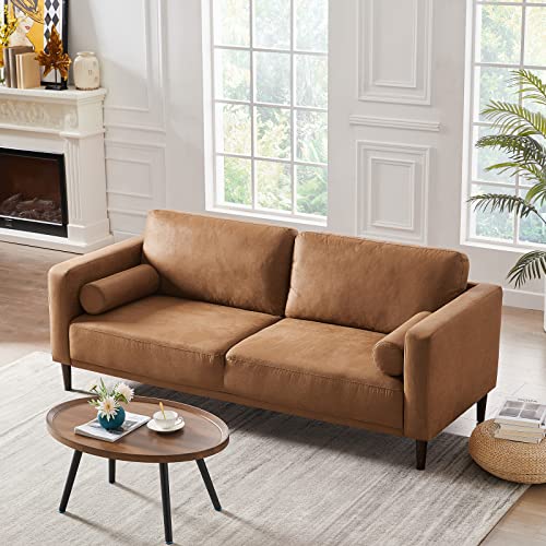HIFIT Sofa Couches, 79” Mid-Century Modern Couch, Breathable Faux Leather Couch with Upholstered Cushions/Pillows, 3-Seat Sofas & Couches, for Living Room Apartment Office, Brown HIFIT