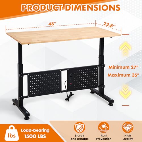 GVGBUK 48 Inch Adjustable Height Workbench, 1500 LBS Capacity Garage Work Table with Power Outlets, USB Ports & Pegboard, Solid Wood Top Work Bench for Workshop, Office, Garage GVGBUK