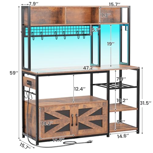 Itaar 47.2 Inch Rustic Brown Bakers Rack with Power Outlet & LED Light - Microwave Stand & Multi-Functional Coffee Bar Cabinet Itaar