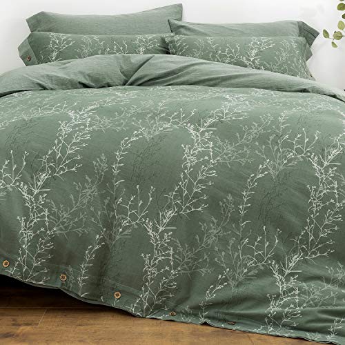 OREISE Duvet Cover Set Full/Queen Size Washed Cotton Yarn, Jacquard Green and White Thin Branch Pattern Floral Style 3Piece Bedding Set OREISE