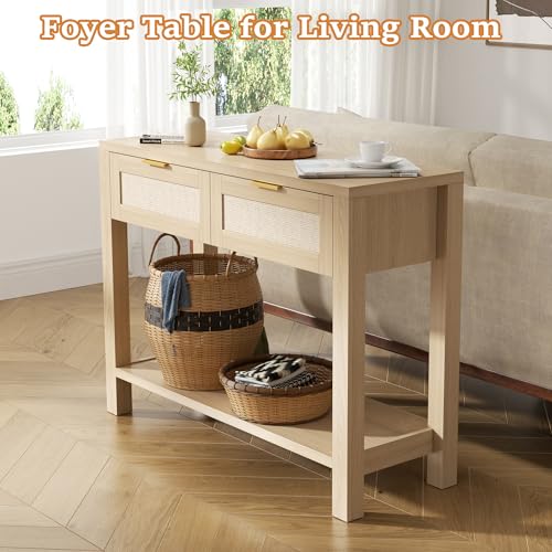 YUUIJOAA Boho Chic Console Table with 2 Rattan Drawers and Open Shelf Storage, Narrow Farmhouse Sofa Table for Small Space Entryway, Living Room,Hallway,Natural YUUIJOAA