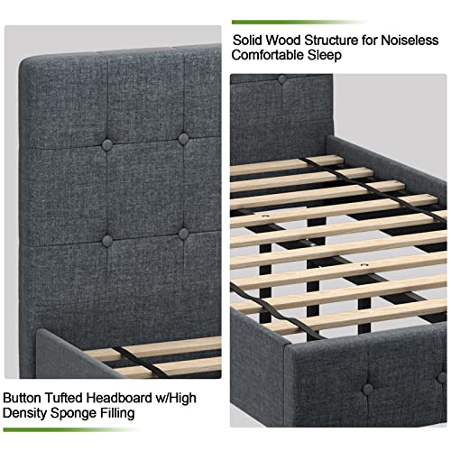 GORELAX Upholstered Twin Bed Frame with Headboard, Solid Wood Slat Support Mattress Foundation, No Box Spring Needed & Easy Assembly, Under Bed Storage, 16 inch Tall Platform Single Bed Frame (Grey) GORELAX