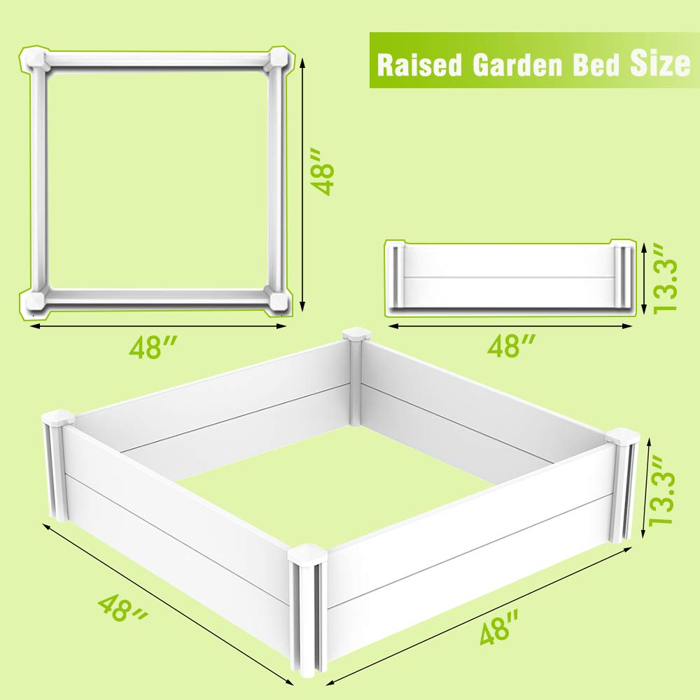Kdgarden Raised Garden Bed Kit 4'x4' Outdoor Above Ground Planter Box for Growing Vegetables Flowers Herbs, DIY Gardening, Whelping Pen and More, Screwless White Vinyl Garden Bed with Grid Kdgarden