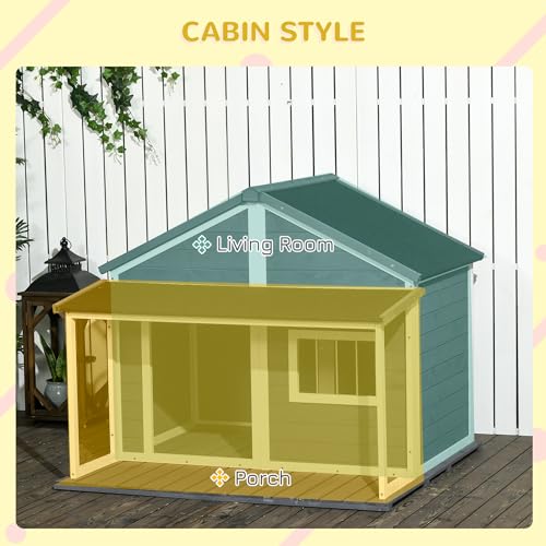 PawHut Outdoor Dog House Cabin Style, Wooden Raised Pet Kennel with Asphalt Roof, Front Door, Side Window, Porch for Medium/Large Dogs, Loading 53 Lbs., Grey PawHut