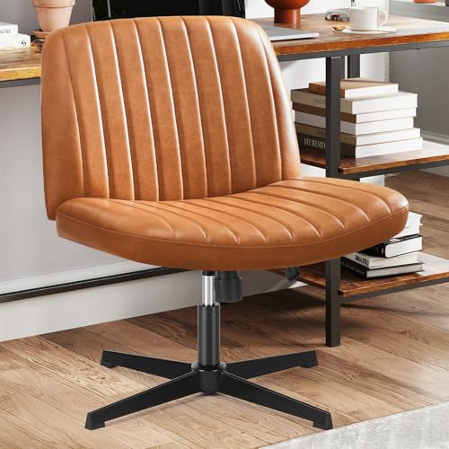 Sweetcrispy Criss Cross Chair Legged, Armless Office Swivel Desk Chair No Wheels, Vanity Height Adjustable Wide Seat Faux Leather Computer Task Seating for Home Bedroom Sweetcrispy