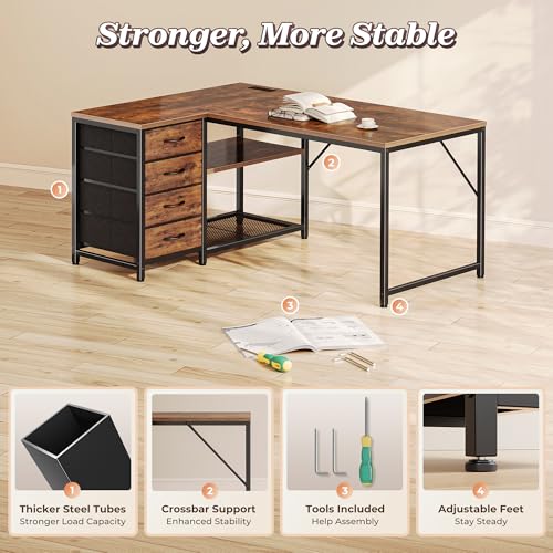 PRAISUN 43.3" Small Computer Desk with Power Outlets and USB-C Port, Reversible L Shaped Corner Office Desk with 4 Fabric Drawers and 2 Height-Adjustable Shelves, for Gaming Writing, Rustic Brown PRAISUN