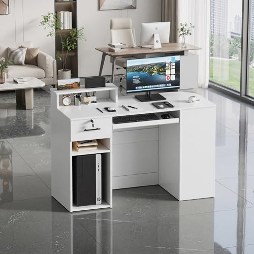 PAKASEPT Reception Desk with Counter for Retail & Checkout,Modern Reception Counter with LED Lights,Drawers,Open Shelves,Retail Counter with Storage for Countertop,Beauty Salon,Shop,Bar(White Small)