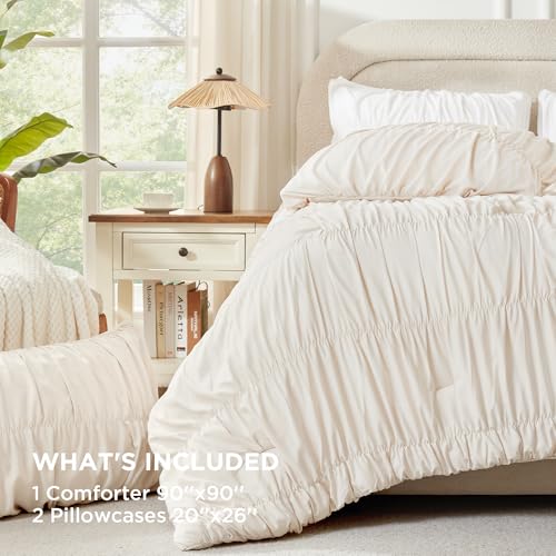 Andency Ruched Beige Queen Comforter Set, Shabby Chic Pleated Bedding Sets 3 Pieces, Lightweight Soft Boho Ruffle Bed Set for Girls, Kids, Women, All Season Andency