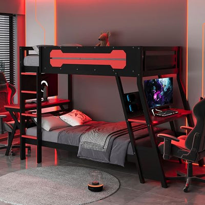 NCKMYB Bunk Bed with 2 Built-in Gaming Desks, Features USB Ports, Desktop Pegboards & Shelves, Space-Saving Loft Frame for Gaming Rooms & Small Spaces (Red+Bunk+Twin)