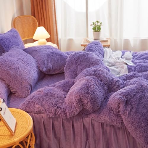 HAIHUA Faux Fur Purple Comforter Cover Queen Set, Soft Fuzzy Plush Purple Bedding Queen Set 3 Pieces (1 Furry Duvet Cover + 2 Fluffy Pillow Cases) Shaggy Bed Set, Zipper Closure HAIHUA