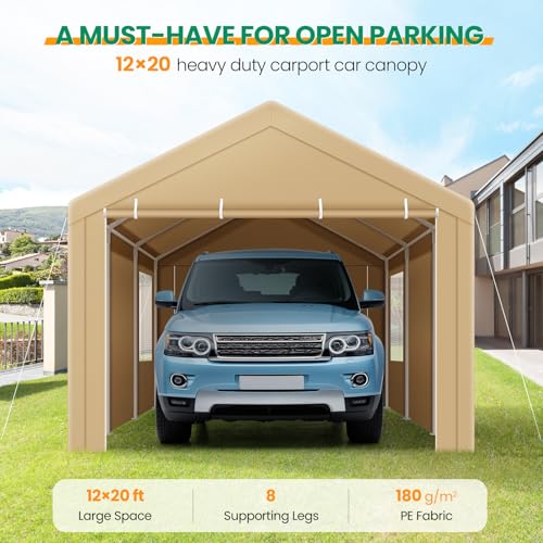 COBIZI Carport Canopy 12x20 Heavy Duty Portable Garage with Removable Sidewalls & Doors, Car Port Canopy Tent with Built-in Sandbags & All-Season Tarp for Car Boat Truck, Khaki COBIZI