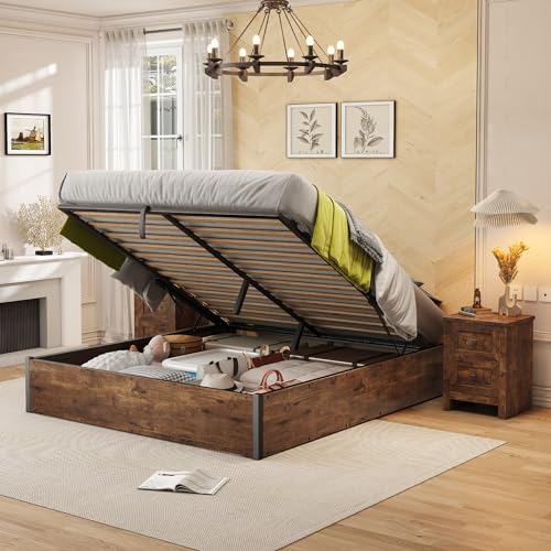 AMERLIFE Lift Up Storage Bed, Full Bed Frame with Storage Underneath, Wooden Platform Bed Frame, Solid Wood Slats Support, No Fixed Headboard, No Box Spring Needed, Brown AMERLIFE
