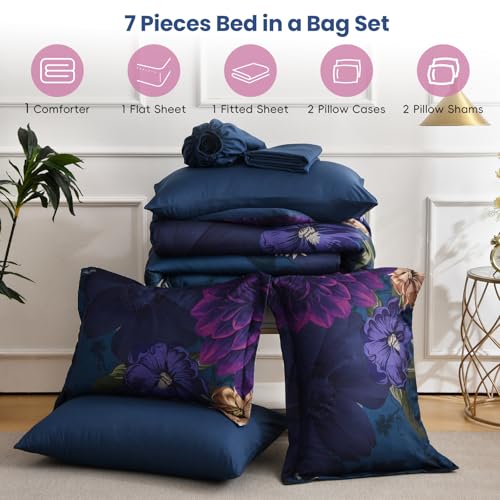 WONGS BEDDING Blue Comforter Set King Size, 7 Pieces Floral Bed in a Bag Set, Navy Blue and Pink Flower Bedding Set, Soft Microfiber for All Season with Pillowcases & Shams,Sheets(90"×104") WONGS BEDDING