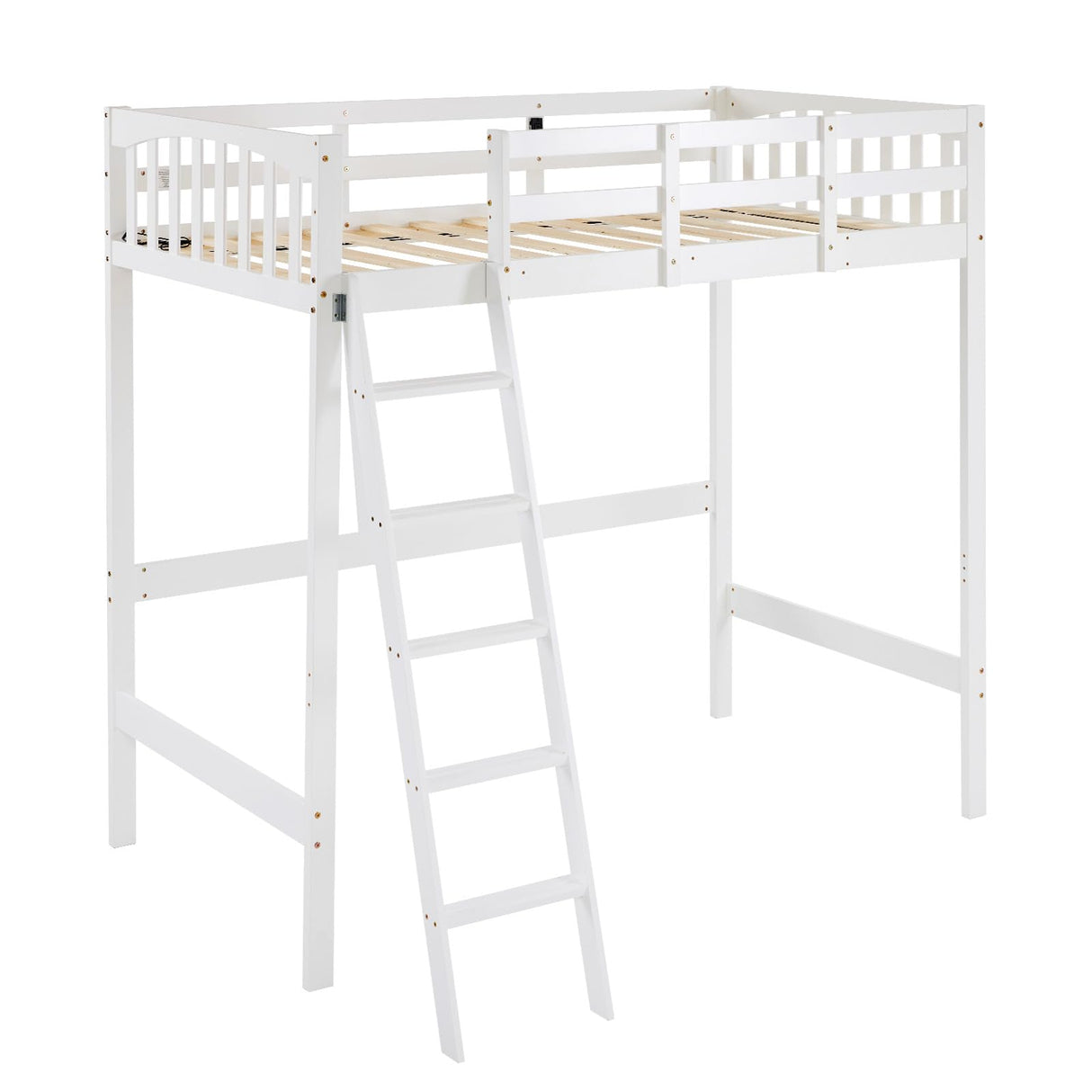 VINGLI Loft Bed Twin Size with USB Charging Station/LED, Solid Wood Single Loft Bunk Bed with Flat Rungs for Kids/Teens/Adults, 15 inches High Guardrail,Wood Slat Support No Box Spring Needed, White VINGLI