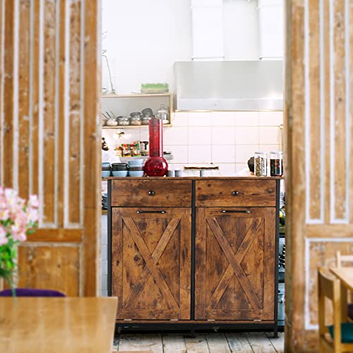 UEV Double Barn Door Style Trash Cabinet, Double Tilt Out Trash Cabinet with Solid Hideaway Drawer,Rustic Kitchen Trash Cabinet,Free Standing Wooden Kitchen Recycling Cabinet Trash Can Holder UEV