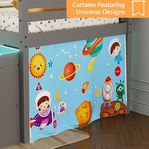 JOYMOR Low Loft Bed Twin Size with LED Lights, 4 Storage Shelves, Removable Curtain, Kids Wood Loft Bed with 15" H Safety Guardrail, Spave Saving, Mattress Not Included (Gray) JOYMOR