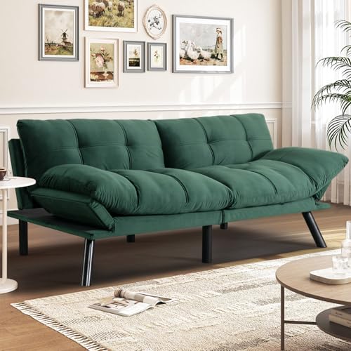 SoarFlash 67 Inch Futon Double Sofa Bed, 2 in 1 Velvet Loveseat Sofa with Adjustable Backrest Memory Foam for Living Room Bedroom Office Apartment Compact Couch(Green) SoarFlash