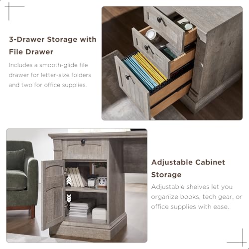 OKD 60" L Shaped Executive Desk with Hutch and Drawers, Farmhouse Home Office Desk with Charging Station, File Cabinet Storage, Wood Corner Computer Desk for Work and Study, Light Rustic Oak OKD