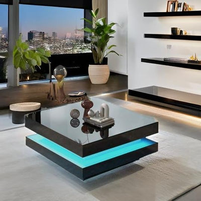 LED Coffee Table for Living Room, 2 Tier Modern Square Middle Center Table, Unique High Gloss Coffee Table with 16 Colors LED Lights & Remote Control, for Home Party Office Reception Room, Black