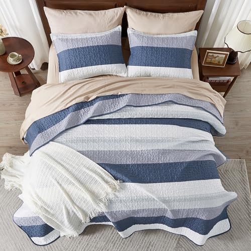 Andency Queen Quilt Bedding Set Mineral Blue, 3 Pieces Patchwork Summer Striped Ultra Soft Lightweight Bedspreads, Coverlets Set with 2 Pillow Shams for All Seasons (90"x96") Andency