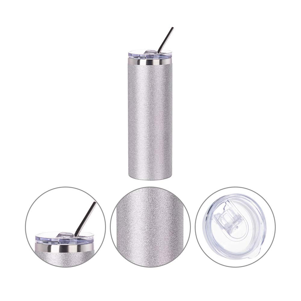 PYD Life Sublimation Blanks Glitter Tumbler Skinny Silver 20 OZ Straight Stainless Steel Tumbler with Lid and Metal Straw for Tumbler Press Machine Heat Transfer Sublimation Cups 4 Pack PYD Life