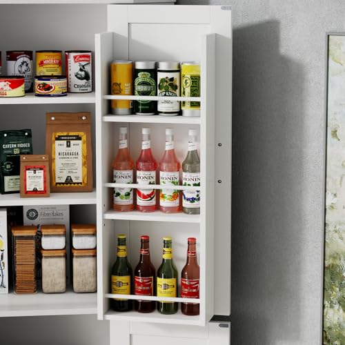 Gyfimoie Corner Cabinet,Kitchen Pantry Storage Cabinet,Freestanding Buffet Hutch with 4 Doors and Shelves,Tall Food Pantry Farmhouse Furniture with Side Rack for Kitchen Dining Room (White) Gyfimoie