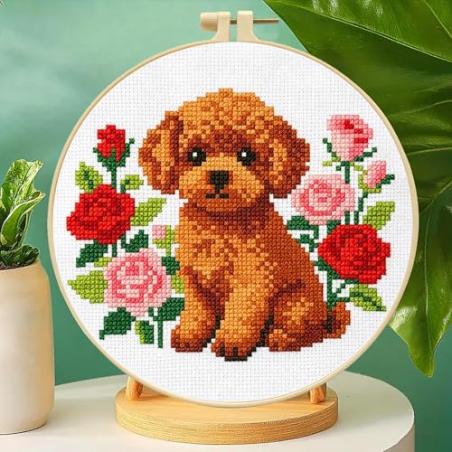 Zhenqing Brown Teddy Bear with Roses Cross Stitch Kit, 11CT Printed 24x24cm for Beginners, Floral Dog Embroidery Set with 20cm Hoop (70783)